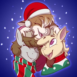 Size: 940x940 | Tagged: safe, artist:denzel, oc, oc only, earth pony, goat, pony, christmas, clothes, hat, holiday, santa hat, scarf, snow, snowfall, striped scarf