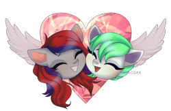 Size: 3485x2279 | Tagged: safe, artist:c1trine, oc, oc only, oc:evening prose, oc:sparrow gale, pegasus, pony, commission, duo, duo female, eyes closed, female, green mane, heart, high res, mare, open mouth, open smile, pegasus oc, simple background, smiling, transparent background, two toned mane, ych result