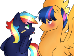 Size: 2048x1560 | Tagged: safe, artist:kianamai, artist:mutant-girl013, color edit, edit, oc, oc only, oc:prism bolt, oc:starburst, pegasus, pony, kilalaverse, bandaid, blushing, colored, duo, female, looking at each other, looking at someone, male, mare, offspring, parent:flash sentry, parent:rainbow dash, parent:soarin', parent:twilight sparkle, parents:flashlight, parents:soarindash, rule 63, simple background, stallion, tongue out, white background