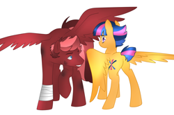 Size: 2048x1356 | Tagged: safe, artist:kianamai, artist:mutant-girl013, color edit, edit, oc, oc only, oc:hot head, oc:starburst, pegasus, pony, kilalaverse, butt, colored, duo, female, male, mare, offspring, parent:flash sentry, parent:twilight sparkle, parents:flashlight, plot, simple background, spread wings, stallion, white background, wings