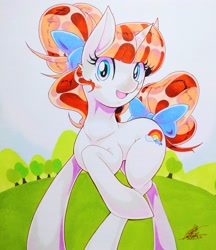 Size: 3024x3493 | Tagged: safe, artist:025aki, rainbow stars, pony, unicorn, g4, bow, female, hair bow, high res, mare, solo, tail, tail bow, traditional art