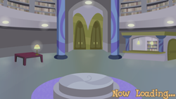 Size: 4096x2304 | Tagged: safe, artist:candy meow, legends of equestria, book, bookshelf, canterlot, canterlot library, cantermore, cantermore library, carpet, door, lamp, library, loading screen, no pony, table