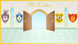 Size: 4096x2304 | Tagged: safe, artist:candy meow, legends of equestria, canterlot, cantermore, cantermore school, coat of arms, door, loading screen, no pony, window