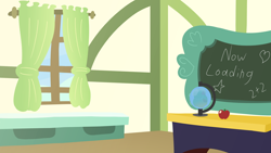 Size: 4096x2304 | Tagged: safe, artist:candy meow, legends of equestria, g4, apple, chalkboard, curtains, food, globe, loading screen, no pony, ponydale school, ponyville schoolhouse, school, table, window