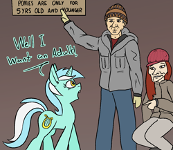 Size: 1154x1000 | Tagged: safe, artist:happy harvey, lyra heartstrings, human, pony, unicorn, g4, angry, argument, clothes, drawthread, female, hat, jacket, male, man, mittens, pants, phone drawing, pointing, sign, trolling, ugly, woman