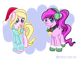 Size: 1024x781 | Tagged: safe, artist:redpalette, oc, oc only, oc:chuckles, oc:violet ray, earth pony, pony, abstract background, boots, christmas, clothes, cute, earmuffs, earth pony oc, female, hat, holiday, mare, santa hat, scarf, shoes, simple background, smiling, snow, white background, winter outfit