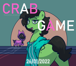 Size: 2300x2000 | Tagged: safe, artist:azulejo, oc, oc only, oc:anon-mare, earth pony, pony, announcement, butt, clothes, earth pony oc, female, high res, looking at you, looking back, looking back at you, open mouth, plot, solo, squid game, text