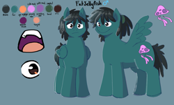 Size: 2531x1536 | Tagged: safe, artist:fatjelyfish, oc, oc only, oc:fat jellyfish, pegasus, pony, black mane, blue background, blue fur, brown eyes, dreadlocks, front view, male, reference sheet, simple background, solo, spread wings, wings