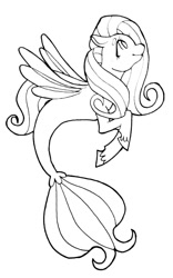 Size: 1248x2000 | Tagged: safe, artist:aa-ko-sama, fluttershy, pegasus, pony, seapony (g4), g4, dorsal fin, female, fin wings, fins, fish tail, flowing tail, lineart, looking up, mare, monochrome, seaponified, seapony fluttershy, simple background, sketch, smiling, solo, species swap, tail, unshorn fetlocks, white background, wings