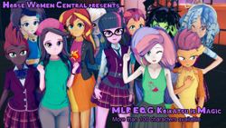 Size: 1920x1080 | Tagged: safe, artist:hornydogo, cozy glow, potion nova, rarity, smolder, starlight glimmer, sunny starscout, sunset shimmer, tempest shadow, trixie, twilight sparkle, oc, oc:filly anon, human, equestria girls, g4, g5, 3d, clothes, cover, equestria girls-ified, female, filly, g5 to equestria girls, koikatsu, skirt, sunset shimmer's skirt