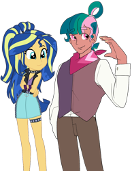 Size: 804x1035 | Tagged: safe, artist:aztrial, artist:ilaria122, edit, oc, oc only, oc:harvest spruce, oc:shining swirls, equestria girls, g4, choker, clothes, cropped, denim skirt, female, harvestswirls, jacket, leather jacket, male, miniskirt, neckerchief, next generation, oc x oc, offspring, parent:flash sentry, parent:sunset shimmer, parent:timber spruce, parent:twilight sparkle, parents:flashimmer, parents:timbertwi, shipping, shipping fuel, simple background, skirt, spiked choker, spiked headband, straight, transparent background, vector, waistcoat