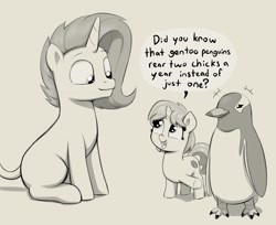 Size: 2463x2007 | Tagged: safe, artist:heretichesh, oc, oc only, oc:red pill, oc:yodi, bird, penguin, pony, unicorn, animal, dialogue, duo, female, filly, foal, high res, male, monochrome, pointing, simple background, sitting, speech bubble, stallion