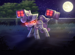 Size: 2880x2120 | Tagged: safe, artist:opal_radiance, sweetie belle, pony, robot, robot pony, unicorn, g4, angry, bot, glowing, glowing eyes, high res, missile launcher, red eyes, rocket launcher, solo, sweetie bot, weapon