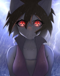 Size: 997x1260 | Tagged: safe, artist:hellcat120, earth pony, anthro, breasts, clothes, digital art, female, glowing, glowing eyes, hair, lightning, looking at you, naruto, ponified, rain, red eyes, rule 63, sharingan, solo, thunderstorm, uchiha sasuke