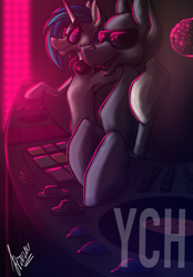 Size: 1640x2360 | Tagged: safe, artist:stirren, dj pon-3, vinyl scratch, pony, unicorn, semi-anthro, g4, arm hooves, commission, duo, glasses, your character here