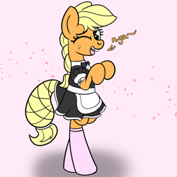 Size: 2000x2000 | Tagged: safe, artist:dafiltafish, applejack, earth pony, pony, g4, alternate hairstyle, bipedal, clothes, cute, dress, hatless, high res, jackabetes, looking at you, maid, missing accessory, nya, one eye closed, pink background, pink socks, simple background, wink, winking at you