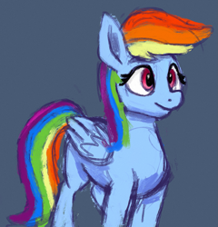 Size: 1579x1643 | Tagged: safe, artist:phutashi, rainbow dash, pegasus, pony, g4, blue background, eyebrows, eyebrows visible through hair, eyelashes, feathered wings, female, folded wings, mare, simple background, smiling, solo, standing, wings