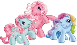 Size: 453x265 | Tagged: safe, minty, pinkie pie (g3), rainbow dash (g3), earth pony, pony, g3, official, cute, female, g3 dashabetes, g3 diapinkes, heart, hoof heart, mintabetes, multicolored hair, pink hair, rainbow hair, raised hoof, rearing, simple background, transparent background, trio, trio female