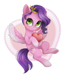 Size: 799x941 | Tagged: safe, artist:toxiccolour, pipp petals, pegasus, pony, g5, adorapipp, chest fluff, circlet, cute, female, flying, heart, hoof hold, looking at you, mare, simple background, smiling, solo, spread wings, transparent background, underhoof, wings