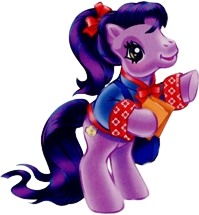 Size: 199x215 | Tagged: safe, artist:lyn fletcher, kimono, earth pony, pony, g3, official, ao, bipedal, bow, clothes, hair bow, holding, ponytail, purple coat, purple hair, red bow, shirt, simple background, solo, sticker, transparent background
