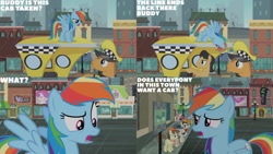Size: 1280x720 | Tagged: safe, edit, edited screencap, editor:quoterific, screencap, blueberry curls, business savvy, cherry cola, cherry fizzy, joan pommelway, luckette, lucky breaks, pegasus olsen, peggy holstein, rainbow dash, roger silvermane, sterling silver, strawberry ice, earth pony, pegasus, pony, g4, rarity takes manehattan, season 4, female, male, mare, open mouth, rain, spread wings, stallion, taxi pony, text, wings