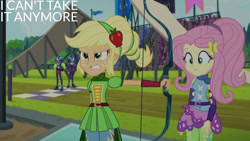 Size: 1280x720 | Tagged: safe, edit, edited screencap, editor:quoterific, screencap, applejack, fluttershy, lemon zest, sunny flare, equestria girls, g4, my little pony equestria girls: friendship games, archery, duo, duo female, duo focus, female, hairpin, text