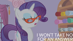 Size: 1280x720 | Tagged: safe, edit, edited screencap, editor:quoterific, screencap, rarity, pony, unicorn, g4, season 1, suited for success, carousel boutique, eyes closed, fabric, female, glasses, mare, open mouth, rarity's glasses, solo, text