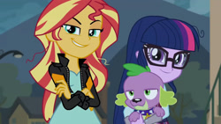 Size: 3410x1920 | Tagged: safe, screencap, sci-twi, spike, spike the regular dog, sunset shimmer, twilight sparkle, dog, equestria girls, g4, my little pony equestria girls: friendship games, clothes, crossed arms, female, glasses, high res, jacket, leather, leather jacket, looking at you, male, smiling, smirk, smugset shimmer, trio