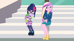 Size: 3410x1920 | Tagged: safe, screencap, dean cadance, princess cadance, sci-twi, spike, spike the regular dog, twilight sparkle, dog, equestria girls, g4, my little pony equestria girls: friendship games, canterlot high, female, glasses, high res, male, smiling, stairs, trio