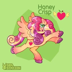 Size: 1440x1440 | Tagged: safe, artist:seasemissary, oc, oc only, oc:honey crisp, pegasus, pony, female, full body, hair over one eye, mare, offspring, open mouth, open smile, parent:big macintosh, parent:princess cadance, parents:cadmac, pegasus oc, signature, smiling, solo, spread wings, unshorn fetlocks, wings