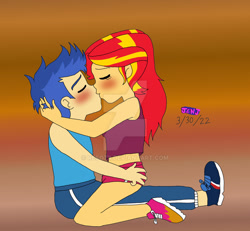 Size: 1280x1181 | Tagged: safe, artist:stella-exquisa, flash sentry, sunset shimmer, human, equestria girls, g4, blushing, duo, female, kiss on the lips, kissing, male, ship:flashimmer, shipping, straight
