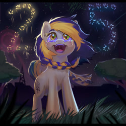 Size: 1200x1200 | Tagged: safe, artist:debrodis, oc, oc only, oc:ukraine, earth pony, pony, 2016, 25, braid, crying, fireworks, harsher in hindsight, nation ponies, ponified, solo, tears of joy, two toned mane, ukraine, ukrainian independence day