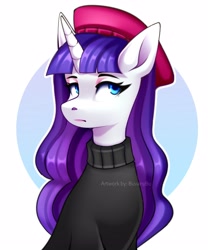 Size: 2953x3543 | Tagged: safe, artist:buvanybu, rarity, pony, unicorn, g4, beatnik rarity, beret, bust, clothes, hat, high res, portrait, simple background, solo, sweater
