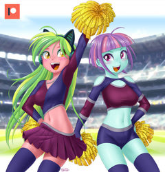 Size: 1200x1248 | Tagged: safe, artist:uotapo, lemon zest, sunny flare, equestria girls, adoraflare, belly button, breasts, cheerleader, cheerleader outfit, clothes, cute, duo, duo female, female, midriff, open mouth, patreon, patreon logo, pom pom, socks, stockings, thigh highs, zestabetes