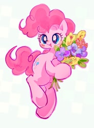 Size: 891x1208 | Tagged: safe, artist:osawari64, pinkie pie, earth pony, pony, g4, blushing, bouquet, cute, diapinkes, female, flower, happy, holding, mare, open mouth, open smile, simple background, smiling, solo, white background