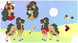 Size: 3990x2230 | Tagged: safe, artist:honeybbear, oc, oc:double dinger, earth pony, pony, baseball, bubble, bubblegum, cincinnati reds, clothes, coat markings, commission, food, gum, high res, hooves, jersey, mlb, poofy mane, socks (coat markings), solo, sports, tail, two toned mane, two toned tail