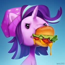 Size: 1000x1000 | Tagged: safe, artist:zazush-una, starlight glimmer, pony, unicorn, collaboration:choose your starlight, beady eyes, beanie, burger, bust, collaboration, female, food, glare, hat, majestic as fuck, mare, mouth hold, nom, nose wrinkle, portrait, solo