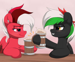 Size: 1280x1060 | Tagged: safe, artist:joaothejohn, oc, oc only, oc:flamebrush, oc:winged beer, pegasus, pony, blushing, drunk, duo, lidded eyes, pegasus oc, simple background, smiling, table, wings