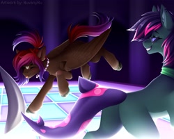 Size: 4096x3276 | Tagged: safe, artist:buvanybu, oc, oc only, oc:shaded star, original species, pegasus, pony, shark, shark pony, :p, butt, dancing, duo, grin, indoors, jewelry, necklace, partially open wings, pearl necklace, plot, slender, smiling, sunglasses, thin, tongue out, unshorn fetlocks, wings