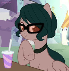 Size: 1084x1110 | Tagged: safe, artist:unichan, oc, oc only, oc:silent shot, pegasus, pony, choker, commission, drink, female, mare, missing wing, raised hoof, soda, solo, sunglasses, table, ych result