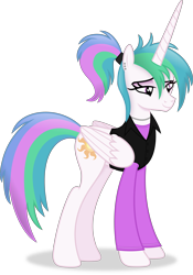 Size: 4415x6297 | Tagged: safe, artist:anime-equestria, princess celestia, alicorn, pony, g4, alternate hairstyle, clothes, ear piercing, female, horn, jewelry, lidded eyes, necklace, piercing, ponytail, shirt, simple background, solo, transparent background, vector, wings