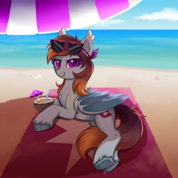 Size: 4000x4000 | Tagged: safe, artist:confetticakez, oc, oc only, oc:mellow stardust, bat pony, pony, bat ears, bat pony oc, bat wings, beach, beach umbrella, cloud, fangs, female, folded wings, looking at you, mare, ocean, outdoors, sky, solo, sunglasses, sunglasses on head, tail, unshorn fetlocks, water, wings