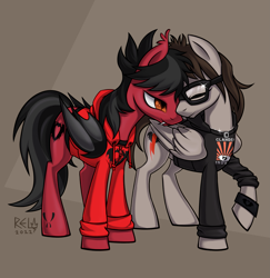 Size: 2587x2667 | Tagged: safe, artist:relisreal, bat pony, pegasus, pony, bat wings, clandestine industries, clothes, commission, duo, duo male, ear fluff, emo, fall out boy, fangs, folded wings, gay, glasses, high res, hoodie, jewelry, male, mikey way, my chemical romance, necklace, nuzzling, pete wentz, ponified, raised hoof, shipping, shirt, slit pupils, stallion, tattoo, undershirt, wings, wristband, ych result