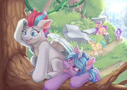 Size: 4096x2896 | Tagged: safe, artist:cutepencilcase, hitch trailblazer, izzy moonbow, pipp petals, sunny starscout, zipp storm, earth pony, pegasus, pony, unicorn, g5, colored pupils, female, group, male, mane five, mare, perching, smiling, stallion, tree, tree branch, waterfall