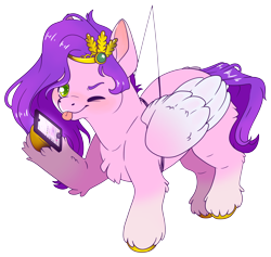 Size: 3498x3323 | Tagged: safe, artist:cutepencilcase, part of a set, pipp petals, pegasus, pony, g5, :p, cellphone, chest fluff, colored pupils, hanging, one eye closed, phone, simple background, smartphone, solo, tongue out, transparent background, wink, wires