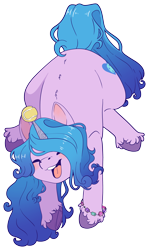 Size: 2300x3872 | Tagged: safe, artist:cutepencilcase, part of a set, izzy moonbow, pony, unicorn, g5, ball, eyes closed, female, hanging, high res, horn, horn guard, hornball, izzy's tennis ball, mare, open mouth, open smile, simple background, smiling, solo, tail, tennis ball, transparent background, unshorn fetlocks, upside down