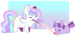 Size: 4096x1969 | Tagged: safe, artist:cutepencilcase, princess celestia, twilight sparkle, alicorn, pony, unicorn, g4, abstract background, behaving like a cat, blushing, chibi, cute, cutelestia, duo, female, gradient background, laser pointer, mare, mouth hold, potato pony, twiabetes, twilight cat, unicorn twilight