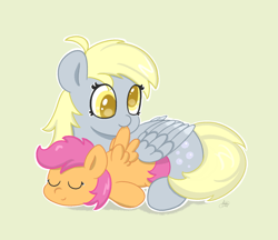 Size: 1827x1577 | Tagged: safe, artist:limitmj, derpy hooves, scootaloo, pegasus, pony, g4, eyes closed, grooming, preening, scootalove, simple background, smiling, wings