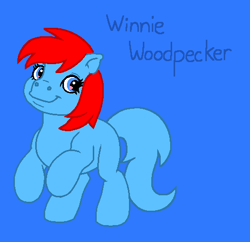 Size: 504x487 | Tagged: safe, artist:mlpfanboy579, bird, earth pony, pony, woodpecker, g3, blue background, blue eyes, blue tail, crossover, female, full body, hooves, mare, ponified, rearing, red hair, red mane, simple background, smiling, solo, tail, the new woody woodpecker show, winnie woodpecker, woody woodpecker