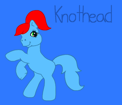 Size: 719x622 | Tagged: safe, artist:mlpfanboy579, earth pony, pony, g3, bipedal, blue background, blue tail, female, full body, green eyes, hooves, knothead, mare, ponified, ponytail, rearing, red hair, red mane, simple background, smiling, solo, standing, tail, the new woody woodpecker show, woody woodpecker